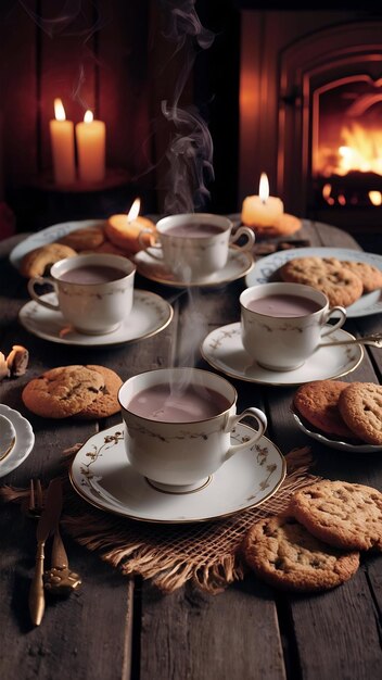 Hot chocolate and cookies on rustic table generated by