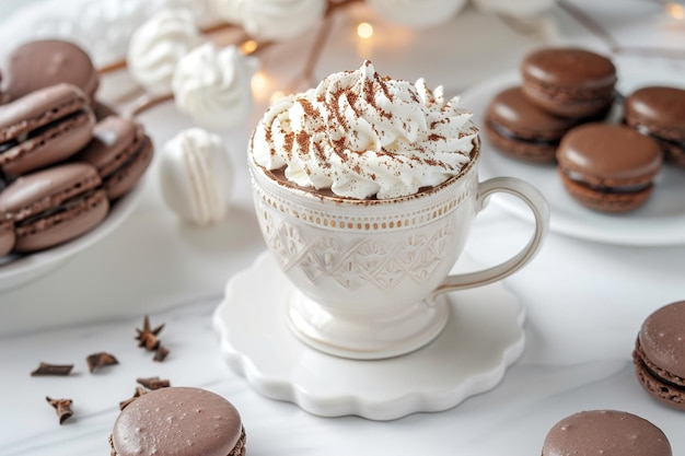 Hot chocolate drink in cup and mug topped with marshmallow macaroons ai generated