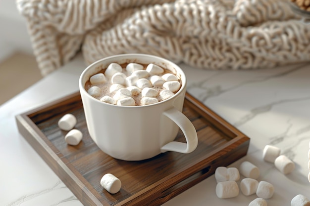 Hot chocolate drink in cup and mug topped with marshmallow macaroons ai generated