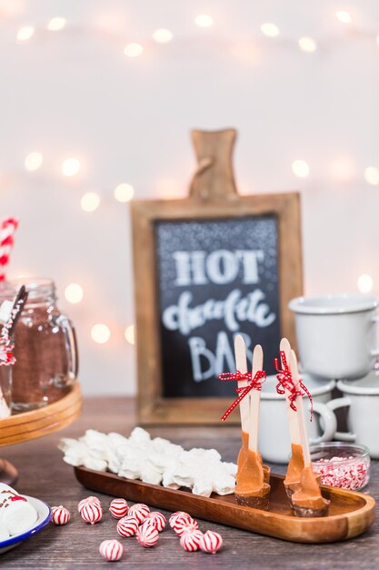 Hot chocolate station with variety of topppings.