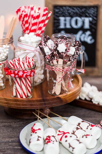 Hot chocolate station with variety of topppings.