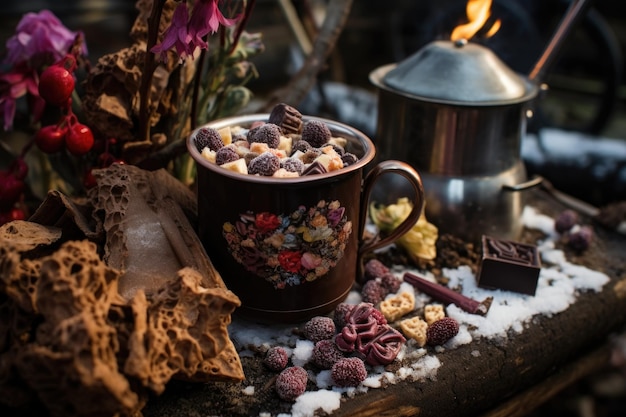 Hot chocolate in a vintage enamel mug outdoors