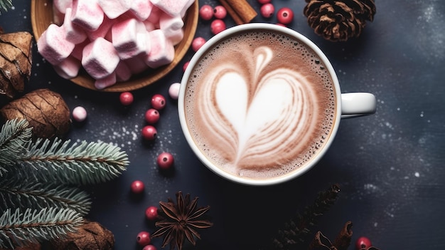 Hot chocolate with marshallows on a wooden surface with red caramel New Year