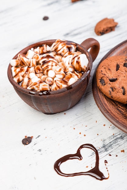 Hot chocolate with marshmallow and chocolate cookies. Love. Heart. Valentine Day.