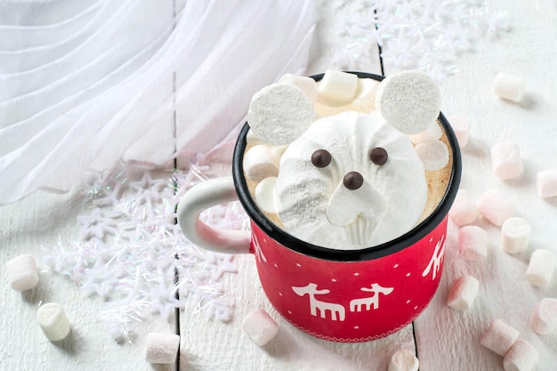 Hot chocolate with marshmallow in the form of polar bear