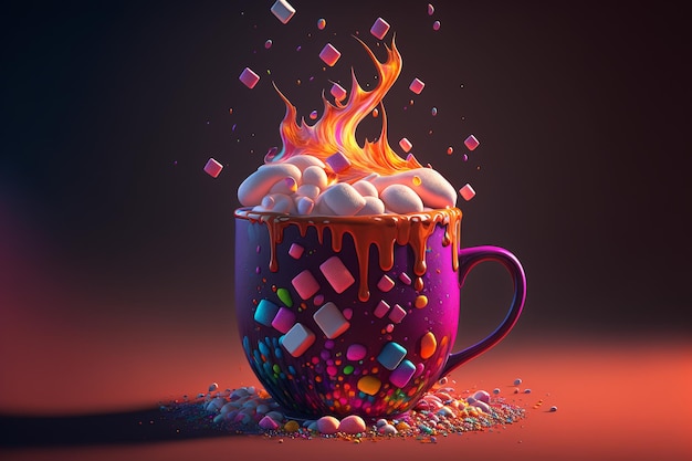 Hot chocolate with marshmallows and flame