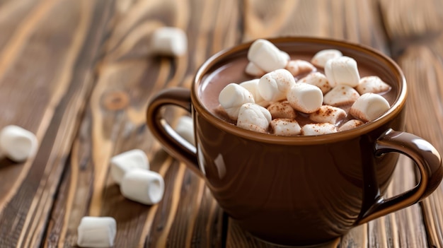 Photo hot chocolate with marshmallows on wooden table