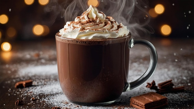 Photo hot chocolate with a swirl of whipped cream and a sprinkle of cocoa powder