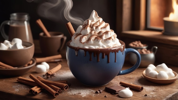 Hot Chocolate with Whipped Cream and Cinnamon Sticks