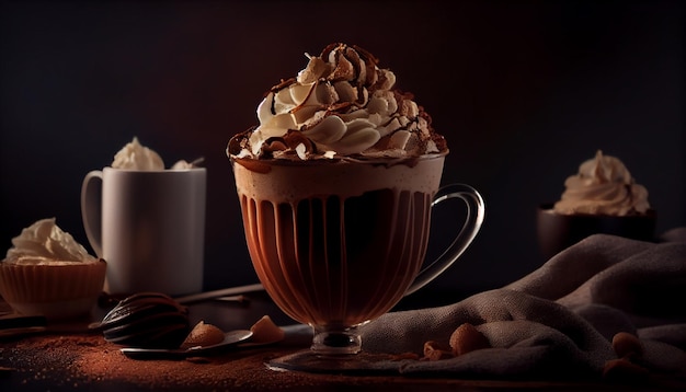 Hot chocolate with whipped cream and cocoa powder on a dark backgroundgenerative ai