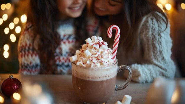 Photo hot chocolate with whipped cream marshmallows and a candy cane