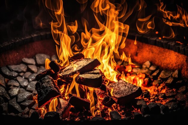 Hot coals burning in large outdoor fire for barbecuing backyard grill