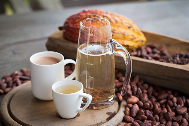 Hot cocoa and milk, Ripe cocoa pod and beans setup 