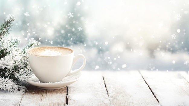 Hot Coffee in Cafe Winter Landscape Background