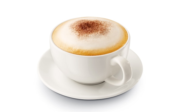 Hot coffee cappuccino with foam on white background