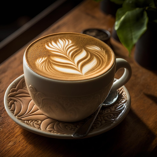 Hot Coffee Capuccino Cup With Latte Art On Wood Table At Cafe