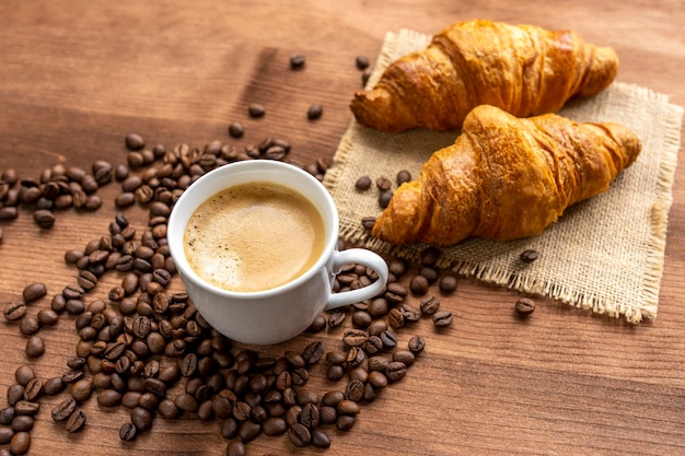 Hot coffee and croissants