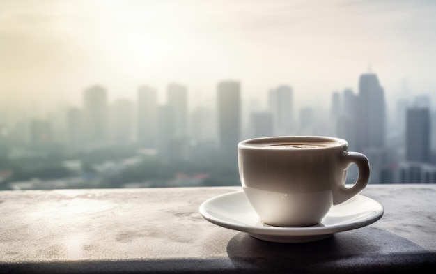 Hot coffee cup beverage at the top of a skyscraper building with city skylline background