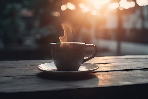 Hot coffee cup on table camping time