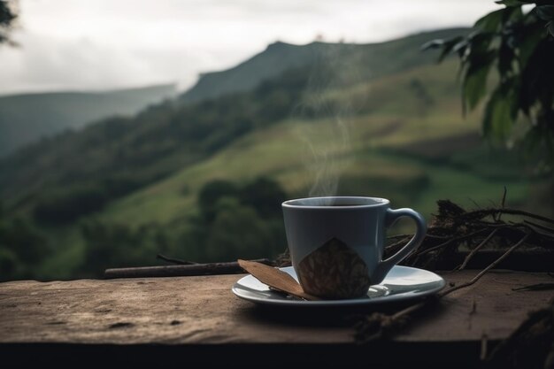 Hot coffee cup on table camping time