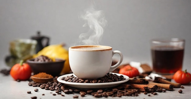 A Hot coffee cup on the table with some coffee beans