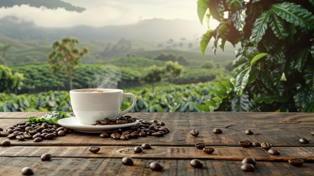 Hot coffee cup with organic coffee beans on the wooden table and the plantations background AI generate