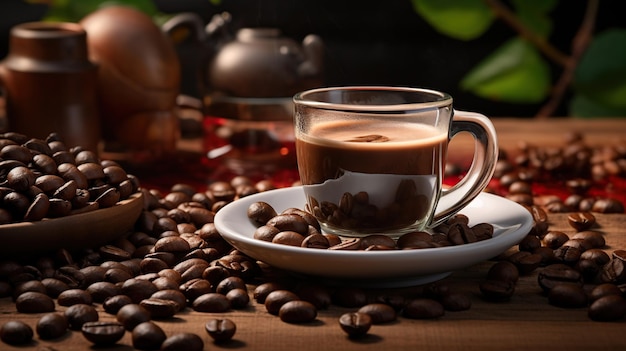 Hot coffee cup with smoke and roasted beans