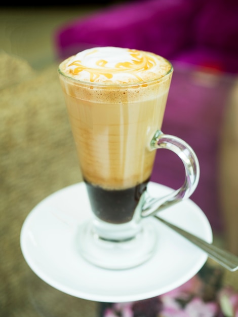 Hot coffee in glass cup