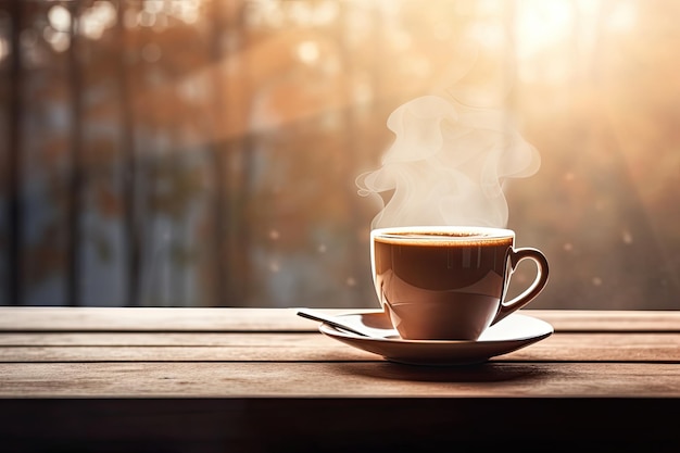 Hot coffee in mug on rustic wooden table and back light background