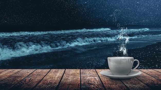 Hot coffee on the table against the background of the sea dawn