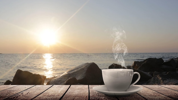 A hot coffee on the table on a natural background