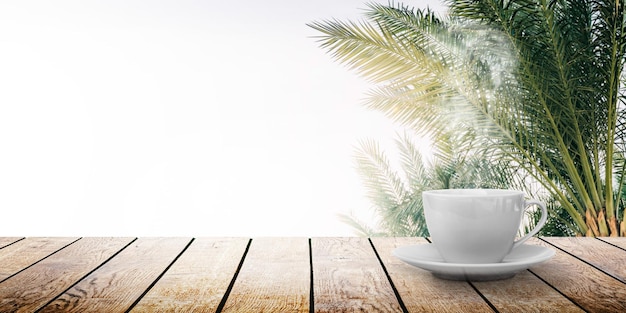 A hot coffee on the table on a spring background