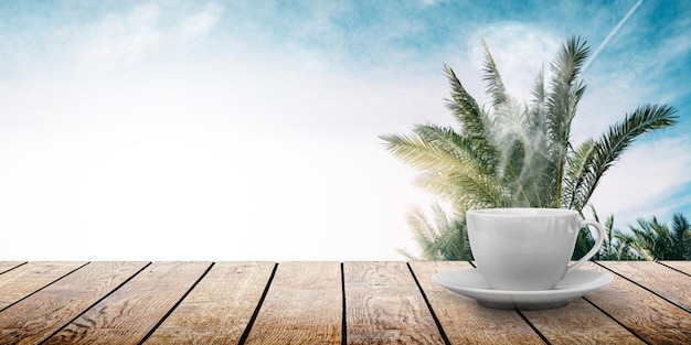 A hot coffee on the table on a spring background