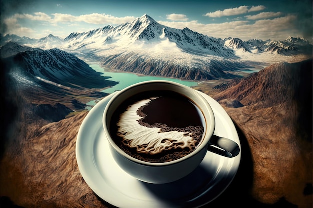 Hot coffee on the table with mountain background top view Made by AIArtificial intelligence