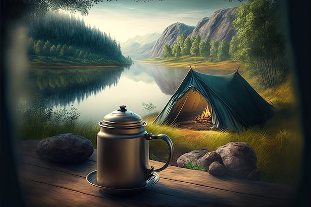 Hot coffee on the table with tent background forest Made by AIArtificial intelligence