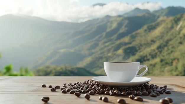 Hot coffee in a white coffee cup and many coffee beans placed around on a wooden table with a backdrop of high mountain views in the morning