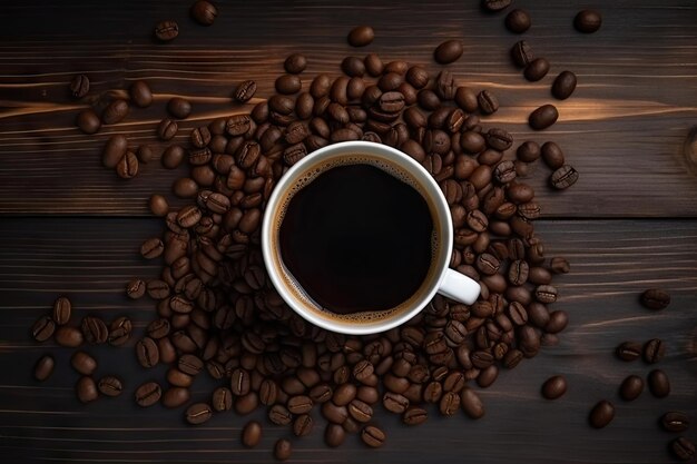 Hot coffee with coffee beans on wood table