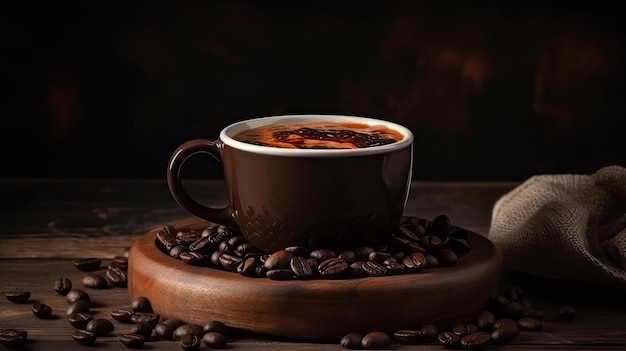 Hot coffee with coffee beans on wood table