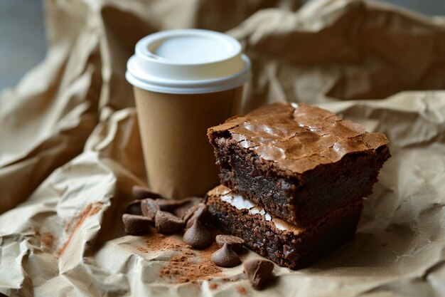 Photo hot and cold latte in a takeaway cups served with freshly baked brownies high angle view