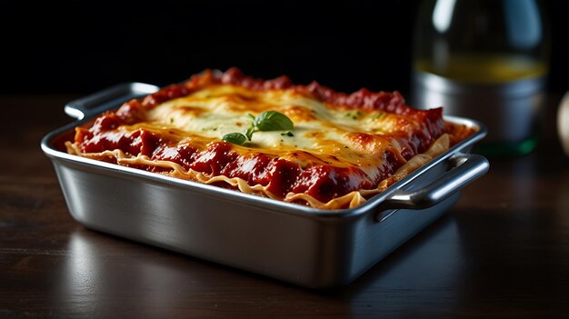 Photo hot and colorful lasagna in an aluminum tray