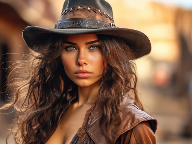 Hot cowgirl in cowboy hat and leather pants wild west