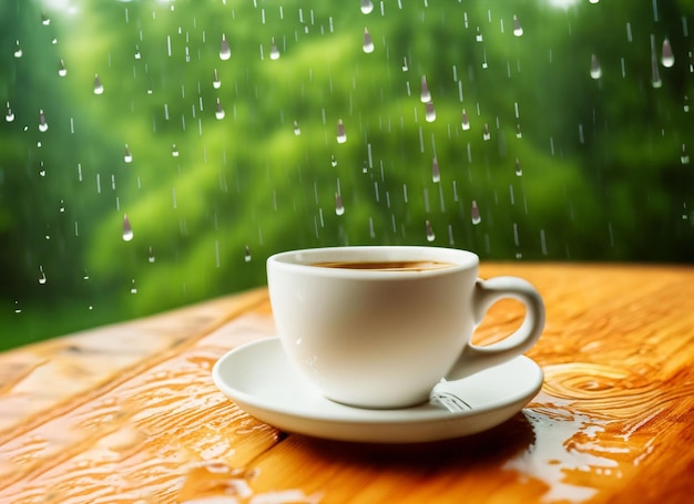 Photo a hot cup of coffee on white plate on wooden table with space in rainy day