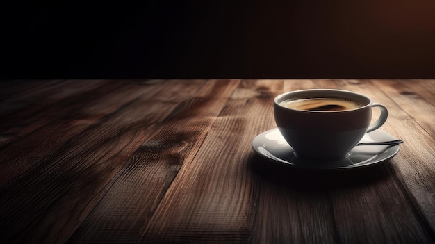 Hot cup of coffee on wood table in front of blurred cafe restaurant background