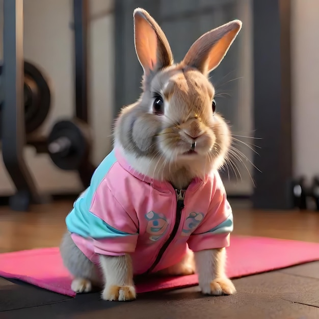 Hot cute little bunny rabbit wearing workout clothes exercising gym