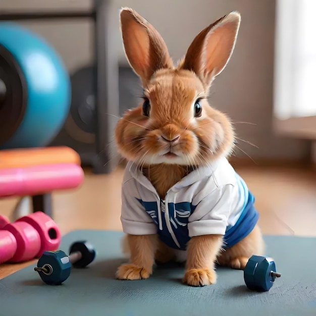 Hot cute little bunny rabbit wearing workout clothes exercising gym