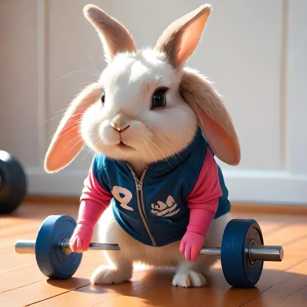 Hot cute little bunny rabbit wearing workout clothes exercising gym