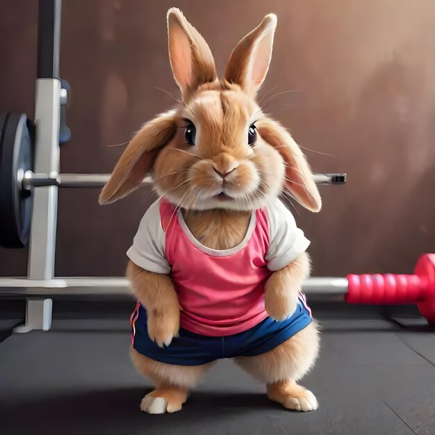 Photo hot cute little bunny rabbit wearing workout clothes exercising gym