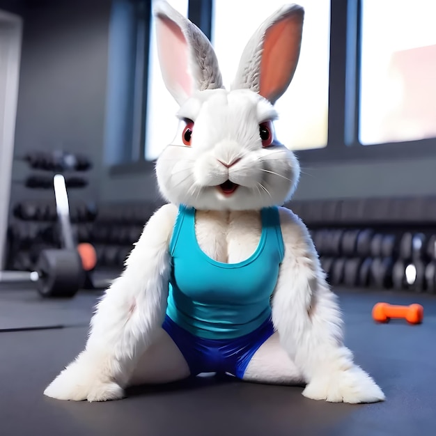 Photo hot cute little bunny rabbit wearing workout clothes exercising gym