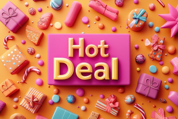 Photo hot deal text on pink background with assorted colorful gifts and candies