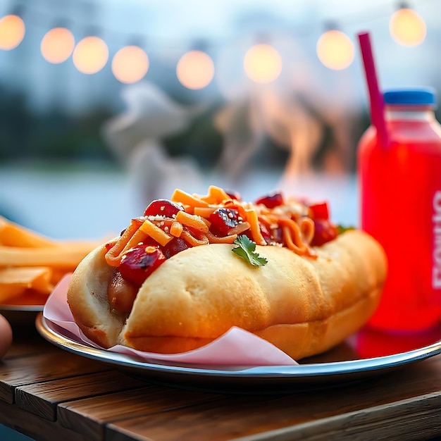 Photo a hot dog and a bottle of coca cola are on a table